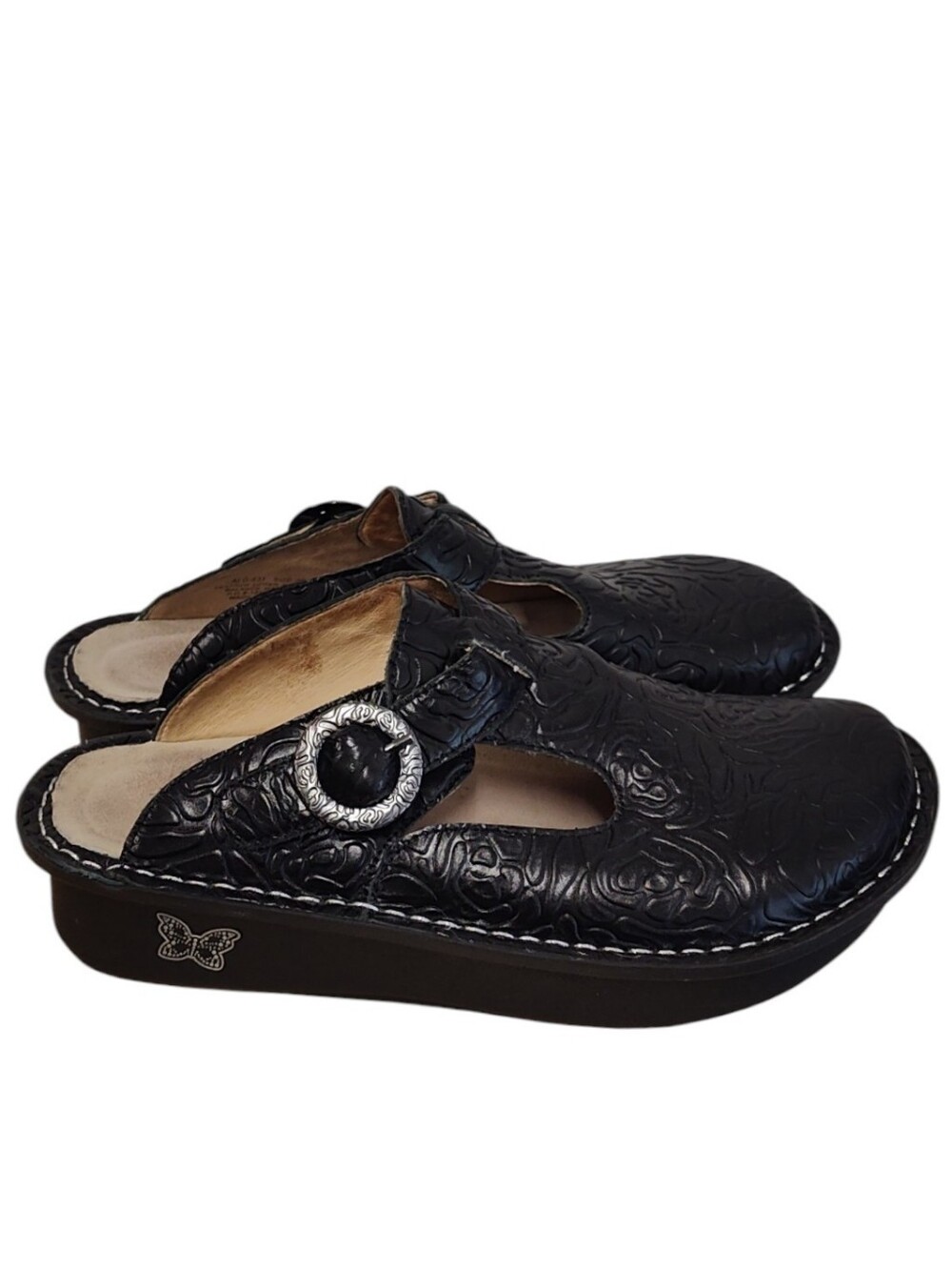 Alegria Classic Black Embossed Rose Clogs Size 36 ALG531
